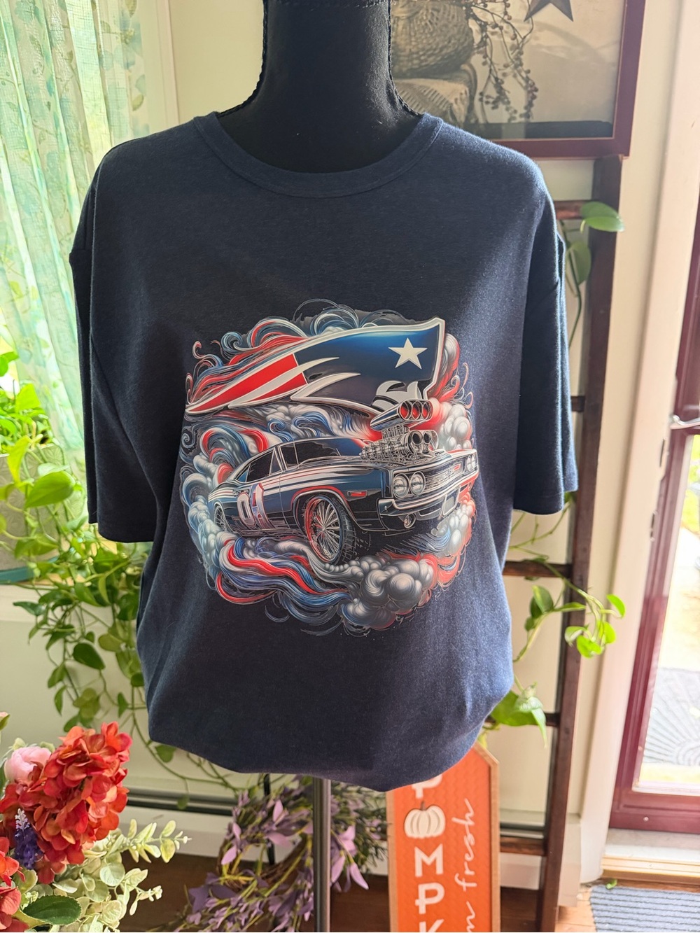 Navy Graphic Patriots Muscle Car Tee with Red & White Accents